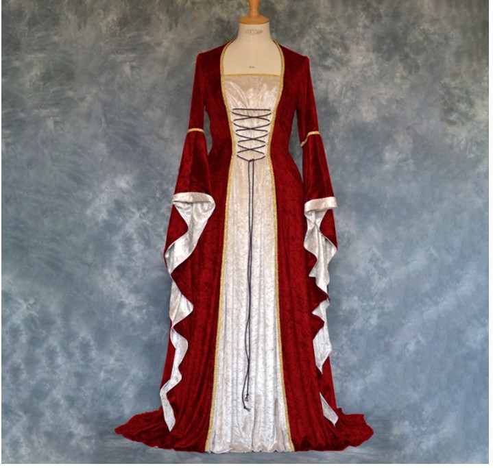 清仓欧美款金丝绒绑带喇叭袖复古中世纪长款及地连衣裙女装长裙