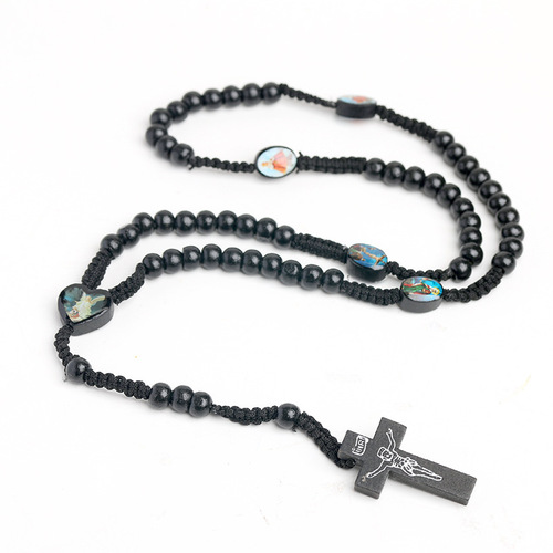 Natural wood hand-knitted wood beads cross necklace for women and men Jerusalem Catholic religious ornament cross jesus rosary praying necklace