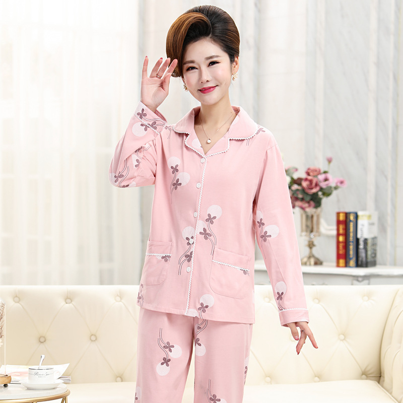 100% algodón pijamas de mujer primavera y otoño pantalones de manga larga cardigan de mediana edad mamá traje de invierno homewear