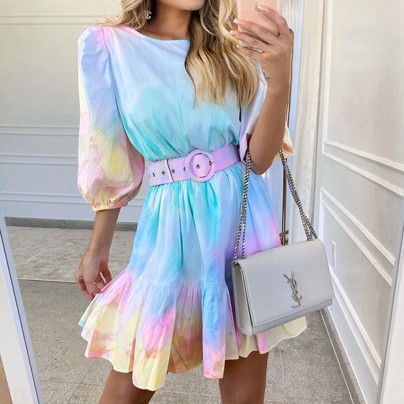 Ruffled Skirt Commute Round Neck Printing 3/4 Length Sleeve Printing Knee-length display picture 2