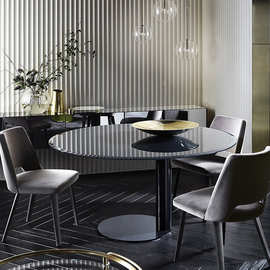 意式极简 后现代轻奢一桌4椅组合 镜面不锈钢简约圆餐桌 别墅酒店