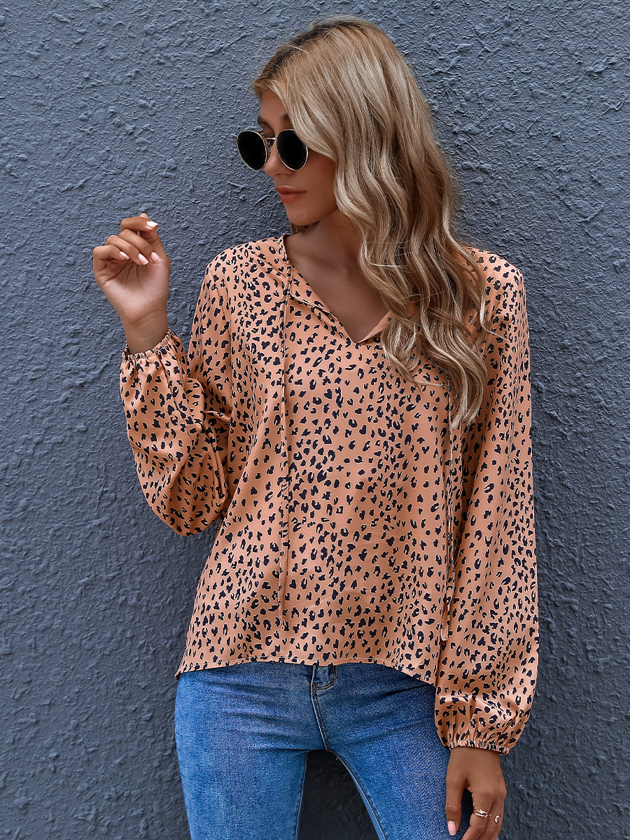 hot sale autumn leopard print long-sleeved V-neck loose-fit commuter pullover top NSAL1920