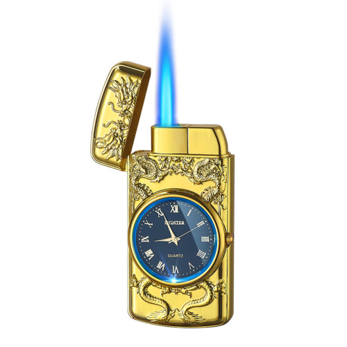 605 Dragon Play with Pearl Relief Watch, Inflatable Windproof Lighter with Real Watch Dial, LED Blue Light Ring