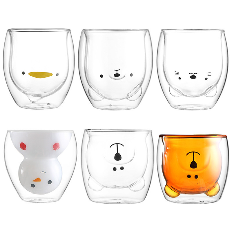 批发双层玻璃杯子创意可爱卡通企鹅小熊杯家用早餐牛奶喝水杯子
