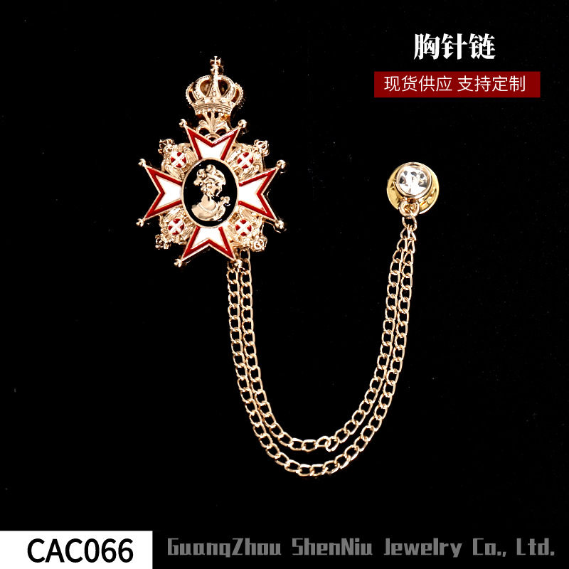CAC066男士潮流西装胸针时尚领链美人头带链徽章皇冠别针个性勋章