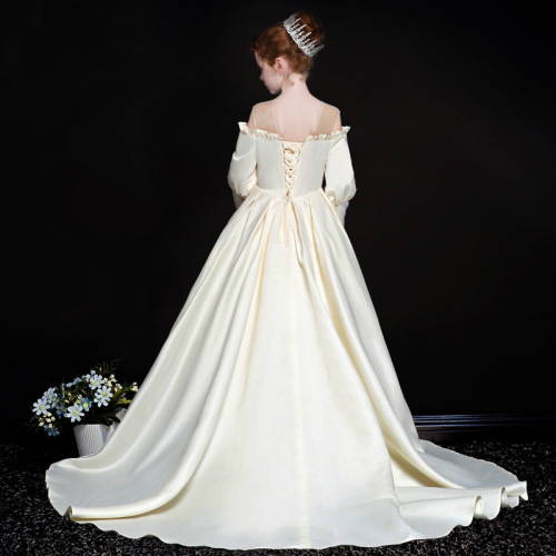 儿童礼服2024新款缎面长袖拖尾公主裙模特女童走秀演出服儿童婚纱