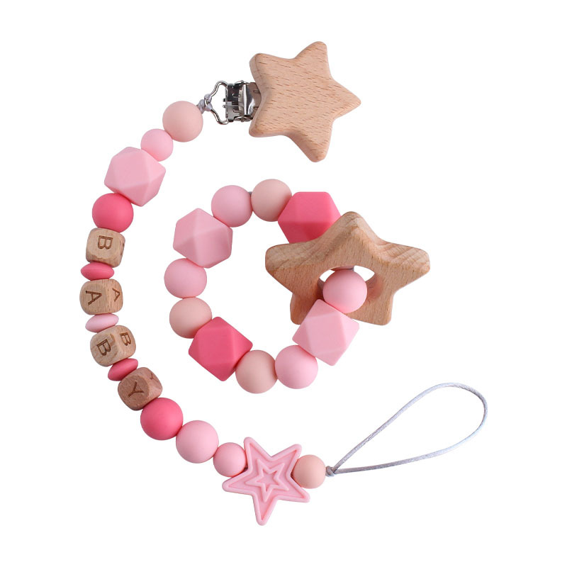 Bebé haya de cinco puntas estrella chupete clip juguete mordedor DIY bebé nombre silicona estrella de cinco puntas chupete cadena
