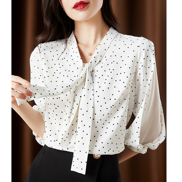 Chiffon Blouse women’s lace up westernized temperament shirt loose temperament bubble sleeve top