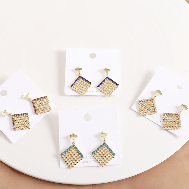 Full Diamond Creative Square Earrings display picture 2