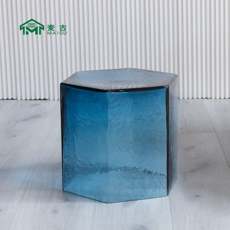 麦古 北欧简约个性创意六角冰蓝玻璃茶几客厅自由组合彩色边几