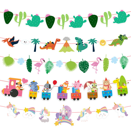 2024 New Animal Birthday Flag Party Decoration School Kindergarten Children's Day Cartoon Flower Hanging Flag