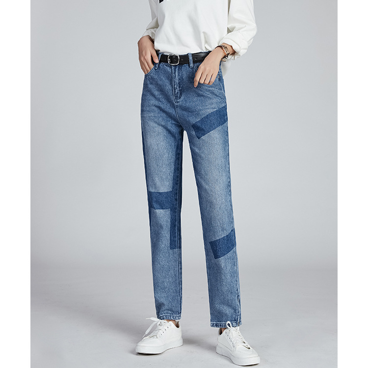 中超高腰印字直筒裤韩版修身直筒九分裤显瘦高腰牛仔裤女2021春秋|ms