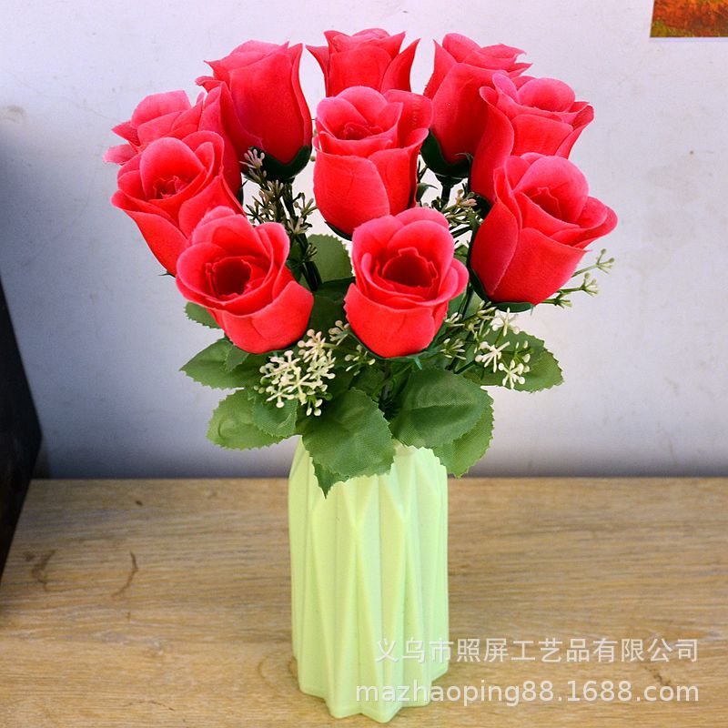 照屏仿真花一件代发仿真玫瑰花套装10朵塑料花瓶绢花居家摆件瓶花|ms