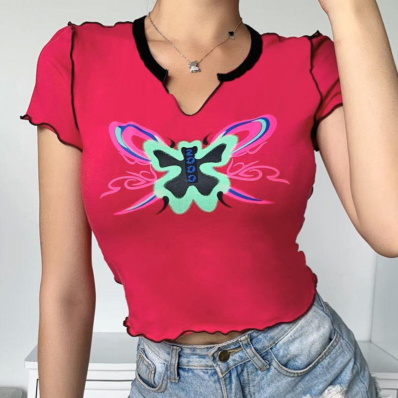 Butterfly Printed V-neck Fashion All-match T-shirt NSXE38772