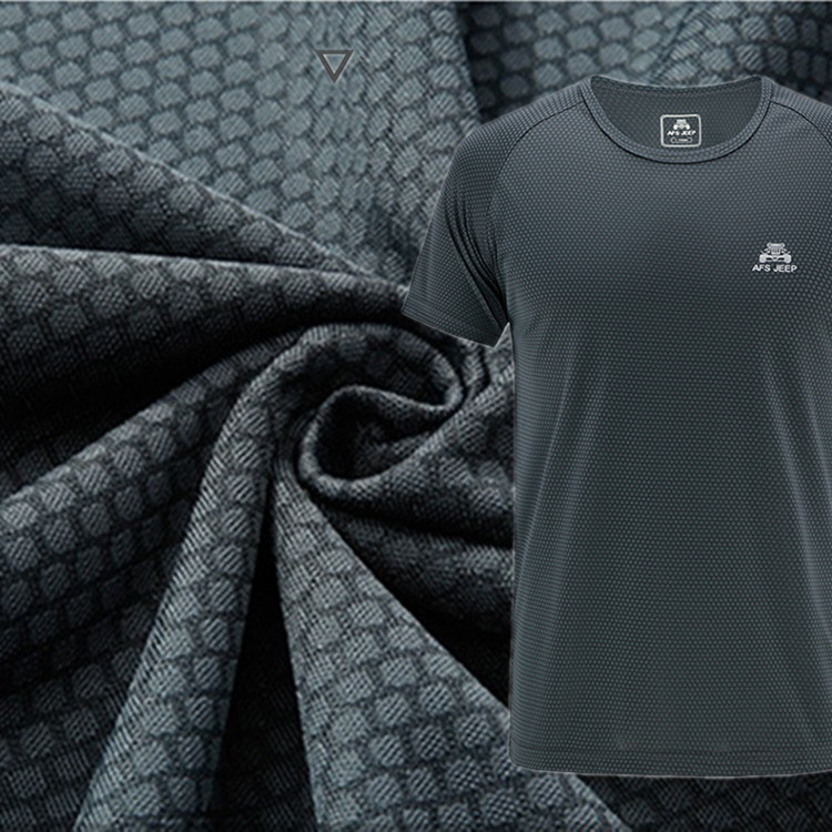 现货针织足球格提花面料 户外t恤速干透气面料针织提花面料