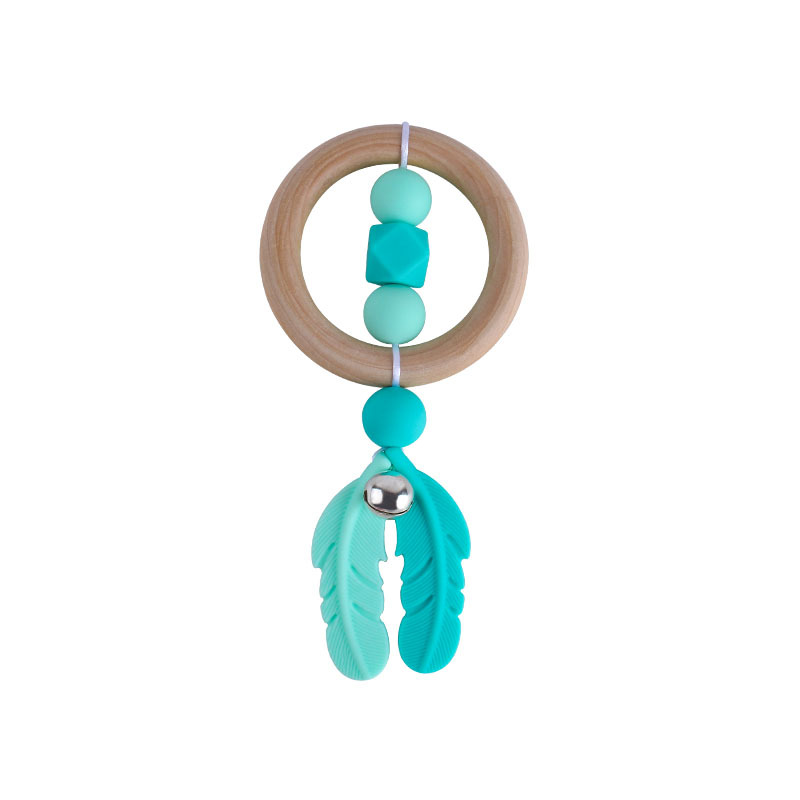 Nueva historieta DIY Hemu anillo de mano sonajero juguete mordedor infantil cuentas de plumas de silicona dientes de molienda palo