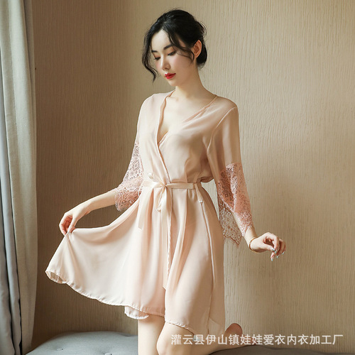 Sexy lingerie, sexy ice silk bathrobe, pajamas, nightgown, foreign trade sweat steamer suit, plus size Taobao beauty 19158