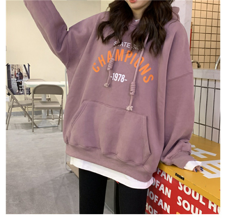 Felpa con cappuccio sottile con stampa di lettere in stile coreano, autunno 2025, da donna, versatile e ampia, per studenti_voghion.com