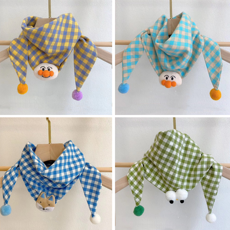 2022 Korean version cotton linen checkered children's scarf versatile cartoon triangle scarf baby saliva towel baby cute scarf