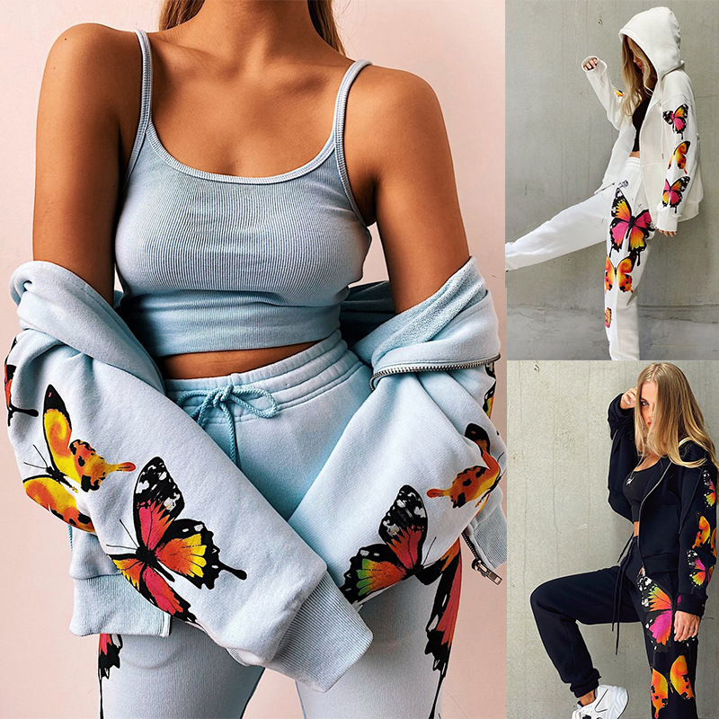  butterfly print hooded long-sleeved trousers casual suit  NSKX9672