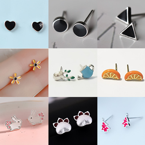 Stall creative enamel 925 silver earring, needle earring for women, Korean version cute minimalist small earring set, 11 pairs earring collection for women