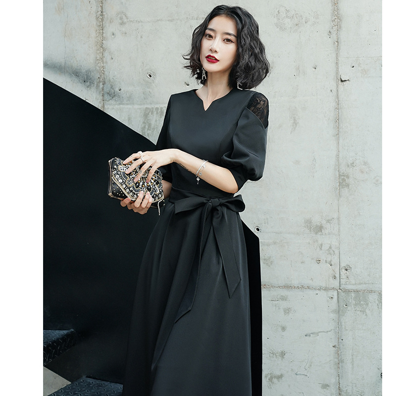 Vestido de noche negro para mujer, elegante, de longitud media, simple y elegante, vestido se puede usar más tamaño en tiempos ordinarios
