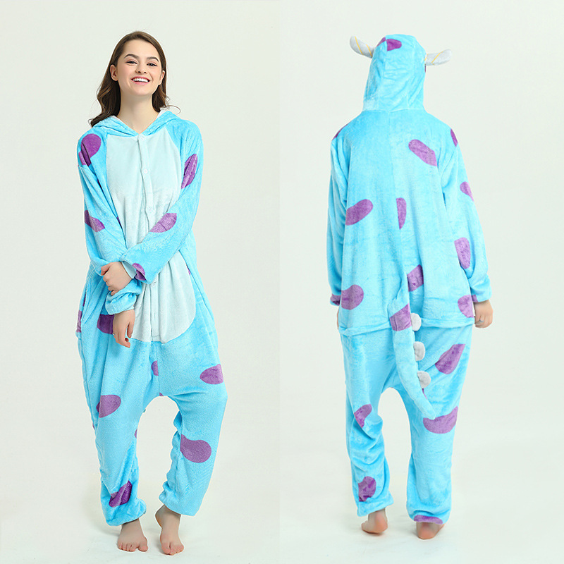 Pijamas de una pieza de coral grueso con diseño de animales de dibujos animados, franela cálida informal de manga larga, venta al por mayor del fabricante, gruesos y cálidos.