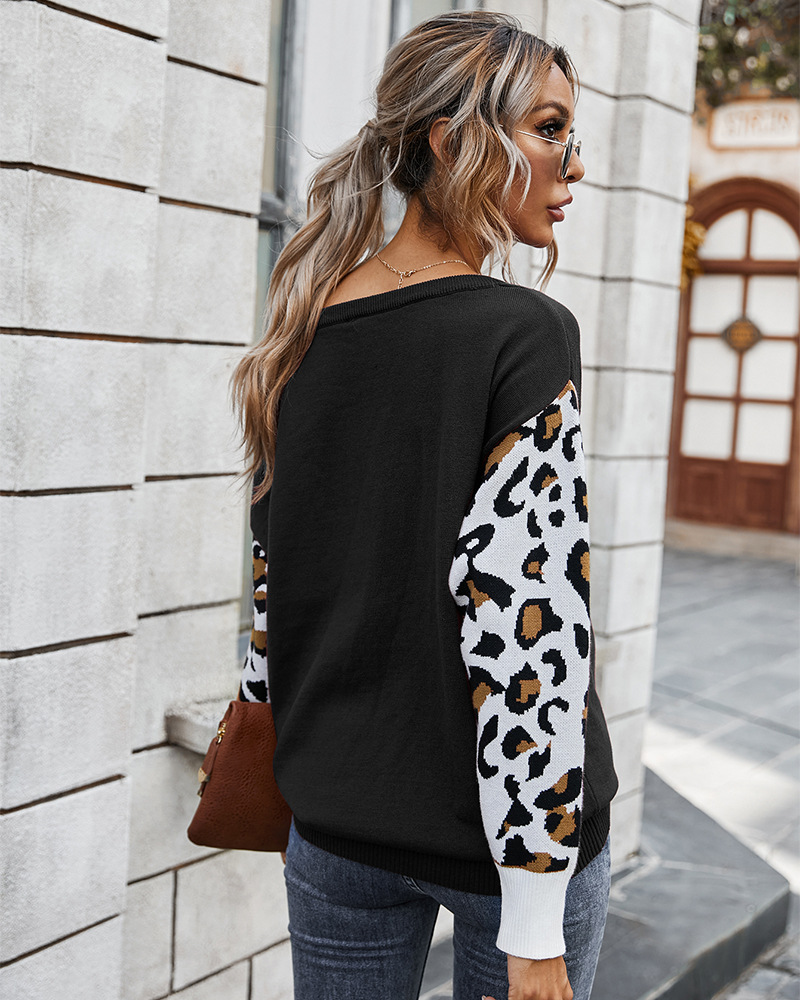 fashion contrast stitching leopard print sweatershirt NSDY7668