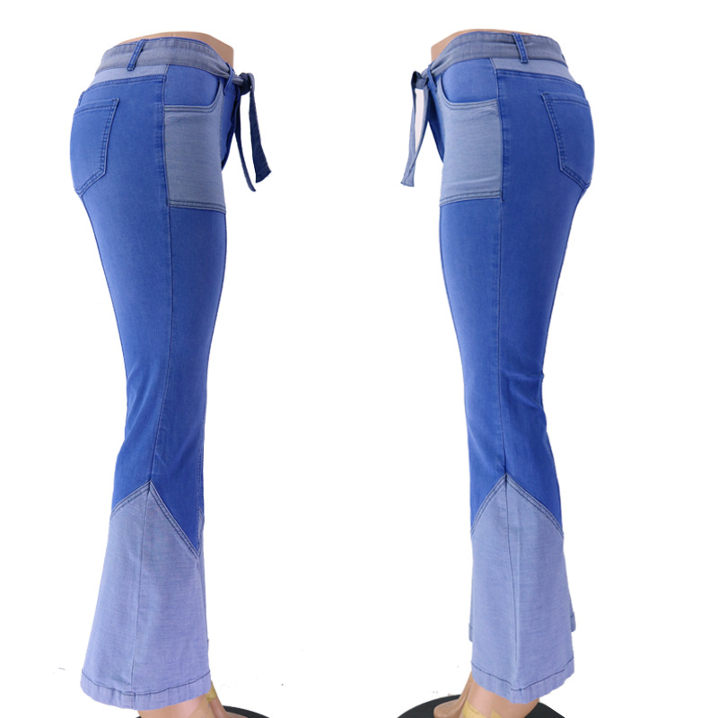 retro high waist two-color stitching belt flared jeans NSYB65106
