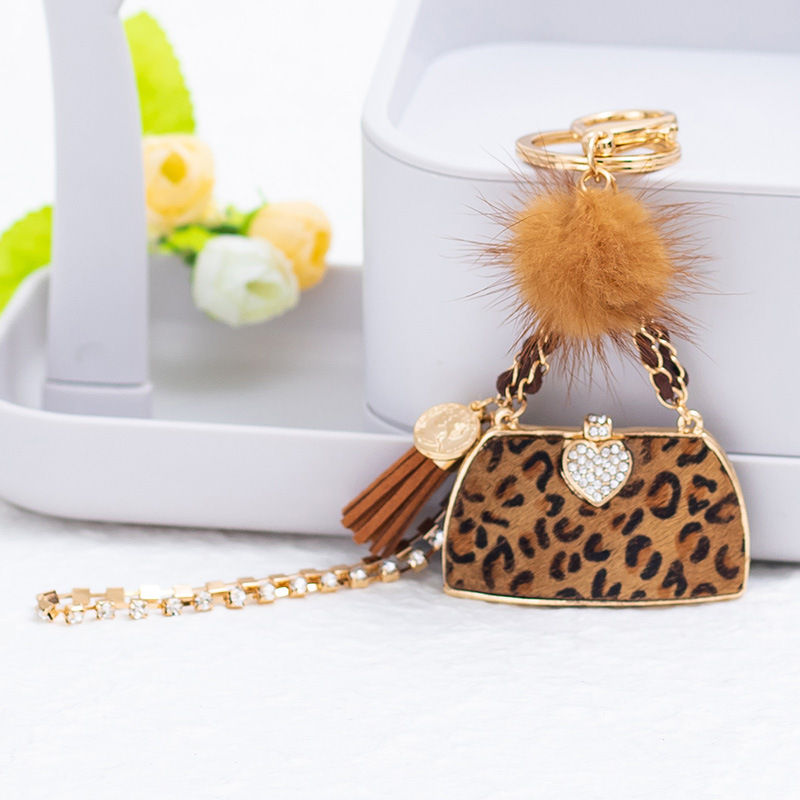 Retro Bag Heart Shape Leopard Pu Leather Inlay Rhinestones Women's Bag Pendant Keychain display picture 1