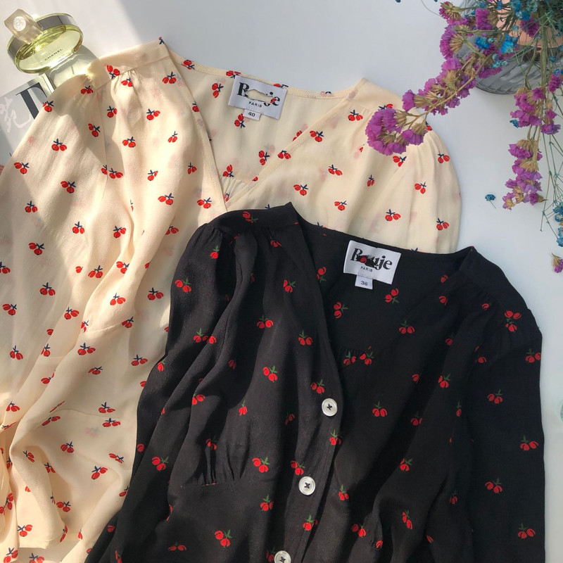 Cherry Wrap Top French Niche High-End Fresh Cherry Print Beige Bottom Shirt