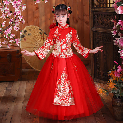 Girls kids red fairy hanfu Chinese princess ancient folk costume festival New Year celebration qipao cheongsam tang suit dress film cosplay Han Tang Queen costumes for baby