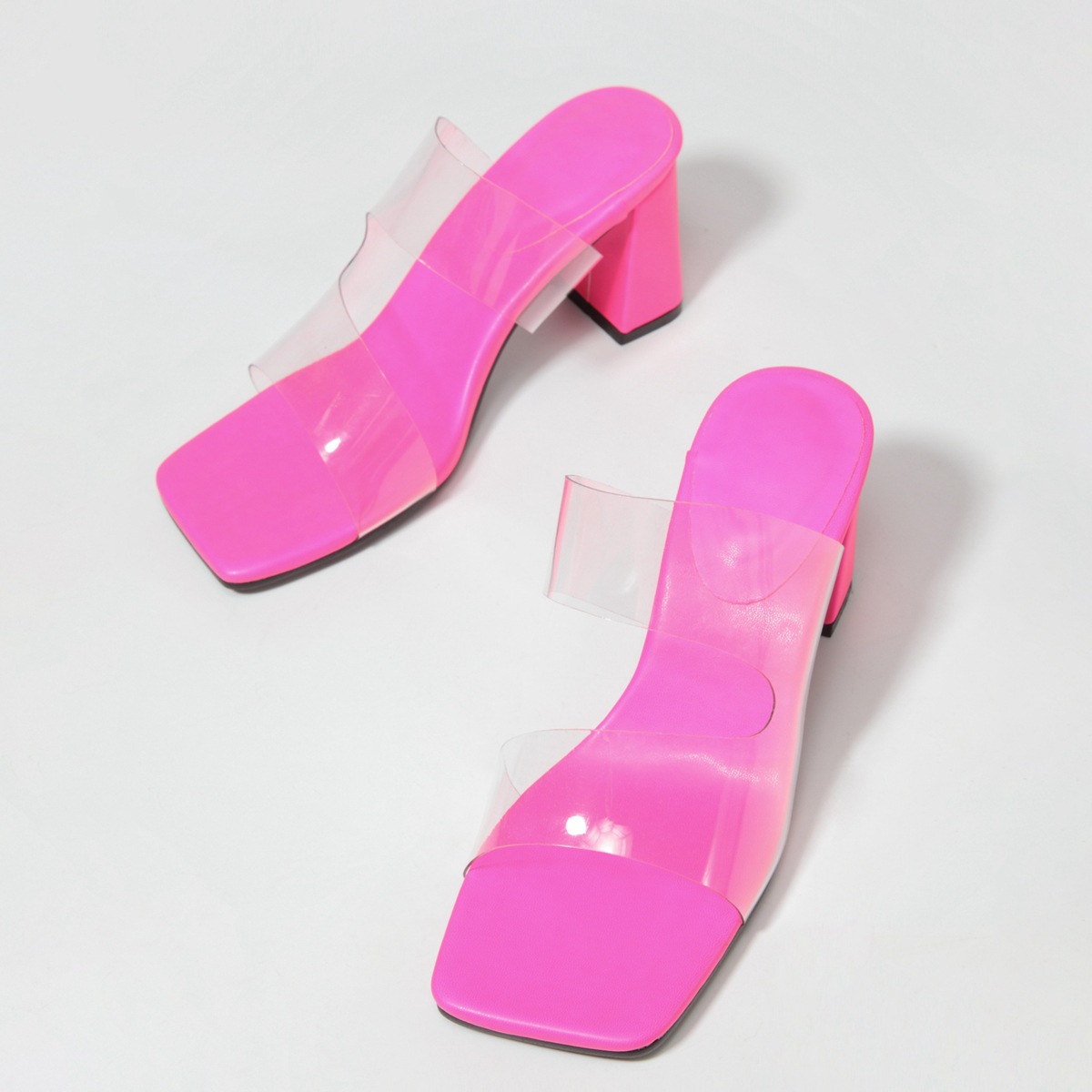 Candy-colored sandals Fashion high heels Transparent PVC flip-flops with high heels and square toe_voghion.com