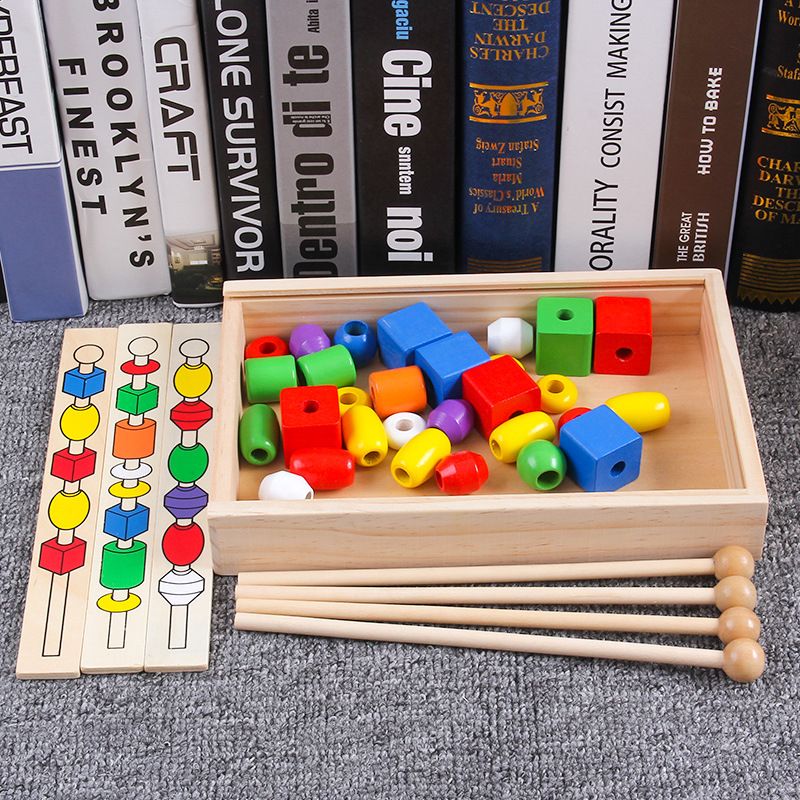 Madera forma geométrica bloques de construcción juguetes cognitivos enhebrar cuerda madera juego niños inteligencia cuentas