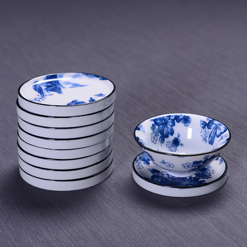 Ceramic tea set coaster Kung Fu tea heat insulation anti-scalding handmade large retro underglaze blue and white porcelain saucer tea ceremony accessories
