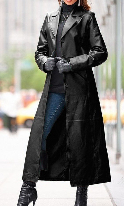 European and American women's clothing button leather coat long coat slim big size leather windbreaker