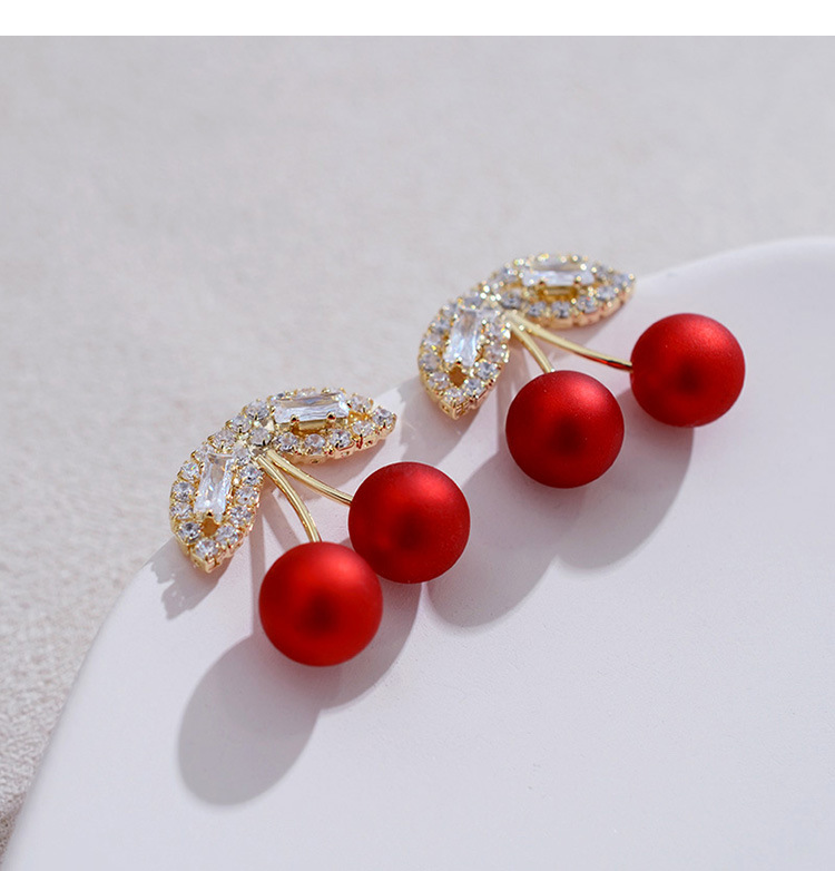 S925 Silver Needle Red Cherries Earrings display picture 5