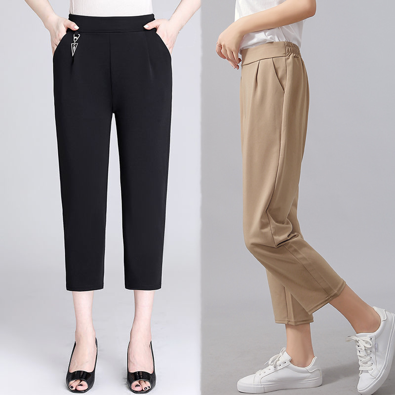 Women's Cropped Pants with Metal Trim, Suit Pants, Mom Pants, Solid Color, Summer Tapered Casual Versatile Pants