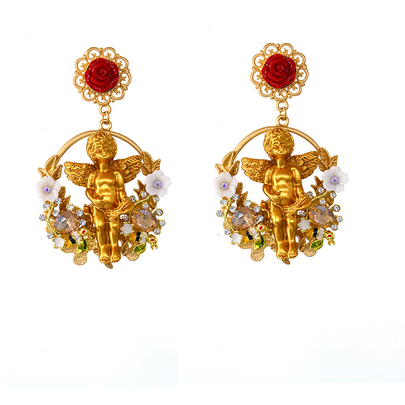 Angel, Flower Pattern Women's Gender 1 Pair IG Style Angel Flower Inlay Alloy Rhinestones Drop Earrings