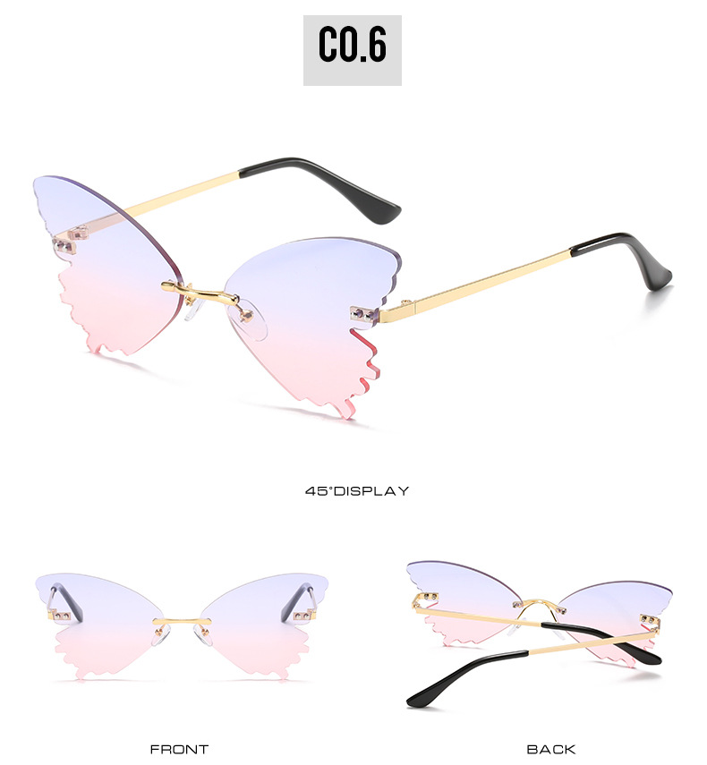 All Seasons Season Hip-Hop Novelty Solid Color PC UV400 Protection Butterfly Frame Frameless Women's Sunglasses