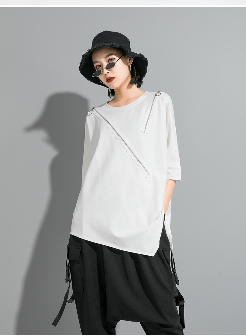 Close-up of Asymmetrical Zip-Up Pullover Tee