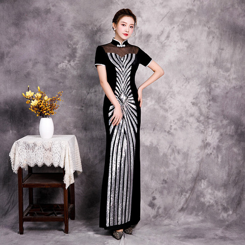 Chinese Dress Qipao Gold suede Sequin style retro cheongsam long dress  large women