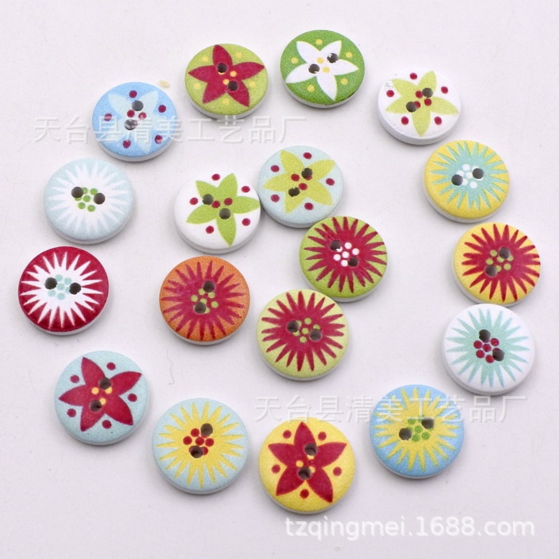 15mm fondo blanco pintado de madera botones decorativos de madera impreso flores y plantas, botones de rayas a cuadros 100 un paquete