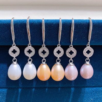 S925银饰品发财钱币珍珠耳坠批发基础款米形珍珠耳环DIY时尚配饰|ru