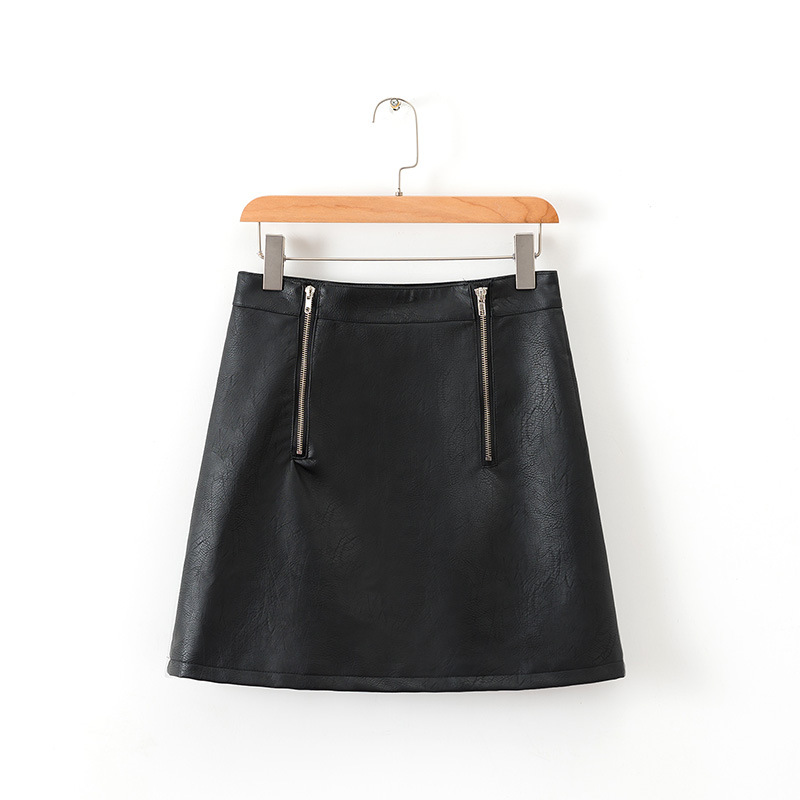 short black high waist double zipper PU skirt  NSAM13175