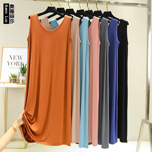 Summer Women's Modal Cotton Slip Dress Sleeveless Medium Length Dress Loose Plus Size Full Bodice Home Dress