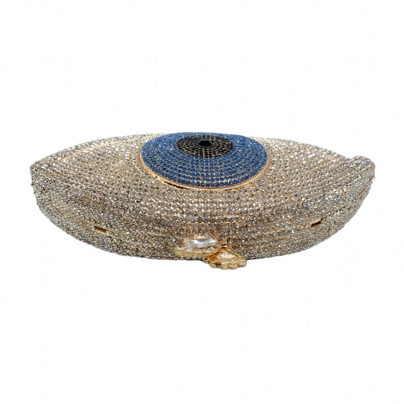 Túi clutch nữ đính kim cương kim loại rỗng cầm tay dự tiệc 19x4x10.5 cm — Màu xanh lam, Màu đen, Nền vàng kim cương trắng, Đế Vàng Kim Cương chi tiết 7