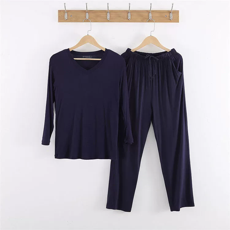 Men’s long‑sleeve pajama set, long trousers and top, plus sizes L–8XL, modal blend