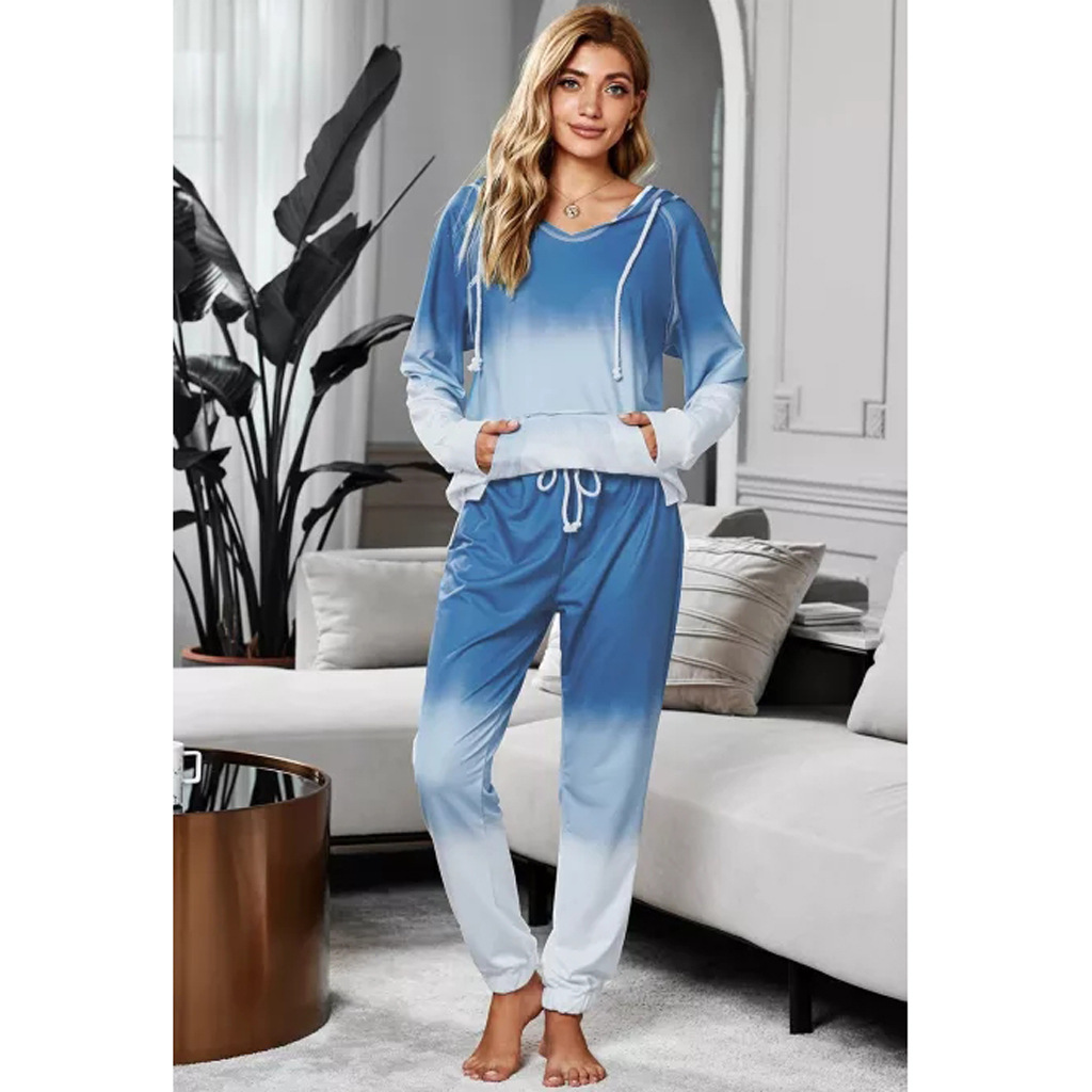 tie-dye printing pullover long-sleeved T-shirt women s loose gradient color trousers two-piece set NSYF854