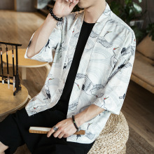 中国风防晒服五分袖衬衫短袖道袍披风仙鹤道袍日系和服男一件代发